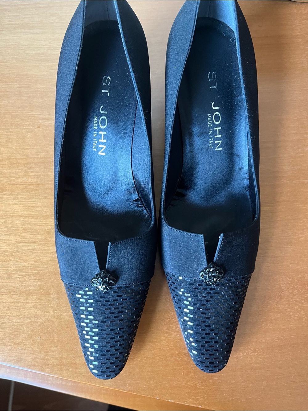 St. John Black Satin Pointed Toe Shoes with Embellished Toe - Picture 4 of 4